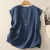 # 224 Chaleco de algodón y lino, estilo casual de verano delgado, camisa elegante de cuello en V, holgado y favorecedor, sin mangas
