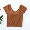 Nova gola V gola redonda cintura cinto de algodão bojo removível sem bojo peça única manga curta camiseta manga curta casa yoga feminino
