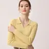 Outono Inverno Novo 100% Caxemira Pura Camisa Polo Feminina Simples para o Dia a Dia Manga Longa Suéter de Tricô Slim Fit Camada Base