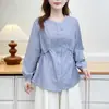 EspecialNuevo Otoño Talla Grande Vintage Versátil Cintura con Cordón Camisa Rayada de Manga Larga 100kg Camisa0714