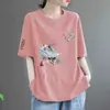 Comércio Exterior Transfronteiriço Camiseta de Manga Curta Feminina Comprimento Médio Novo Estilo Chinês Estilo Nacional Estampada Tamanho Plus Size Esconde Gordura Top para Mãe ins