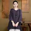 Novo top de manga longa em algodão e linho com gola V e botão de sapo estilo chinês para mulheres, comprimento médio, novo estilo primavera/outono, temperamento casual versátil