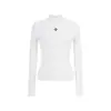 Top de punto blanco minimalista puramente deseable con bordado y cuello alto de canalé para mujer, versátil y elegante para otoño e invierno, perfecto para disimular la figura