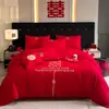 Conjunto de Quatro Peças para Casamento, Colcha Vermelha de Casamento para Recém-Casados, Lençol de Cama para Quarto de Casamento, Capa de Colcha, Lençol com Elástico, Roupa de Cama para Celebração de Casamento
