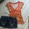 Colete Sexy, Lindo e Versátil em Estilo Retrô com Decote V e Mangas Curtas, Top de Verão Feminino Ins Transfronteiriço com Estampa Laranja