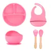 Novo Prato de Silicone de Grau Alimentício para Comida de Bebê, Resistente a Quedas, com Ventosa, Garfo, Colher, Babador, Copo, Conjunto de Seis Peças para Crianças