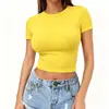Top cropped t-shirt estilo europeu e americano transfronteiriço, top pulôver de verão para garotas quentes, feminino, fino, gola redonda, moda, seda de leite, manga curta
