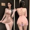 Lingerie Sexy para Mulheres, Roupas Estilo Abstinência, Camisola Transparente Rosa Sedutora com Amarração no Pescoço, Conjunto de Pijama Uniforme Qqny