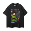 Mercancía de Anime Retro Flor Frita Envejecida Manga Corta Estilo Callejero Americano Estampado de Dibujos Animados Holgada Manga Corta Manga Larga En Stock
