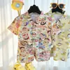 Traje de algodón y seda para niños pequeños, de verano, fino, con estampado de dibujos animados, de manga corta y shorts, ropa casual elegante para aire acondicionado para bebés