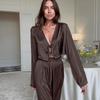 Conjunto de Pijama Feminino Longo de Cetim Macio Marrom, Manga Longa e Calça Longa, Novo Estilo Primavera/Verão 2026 Europeu e Americano, Roupa de Casa Transfronteiriça para Mulheres, Venda por Atacado