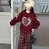 Outono e inverno Zhongda menina moda terno estilo estrangeiro solto amor suor xadrez calças de perna larga forrado de lã casual conjunto de duas peças