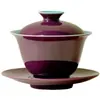 Dinastia Tang e Song Esmalte de Cor Mineral Original Roxo Interno e Externo Cerâmica Conjunto de Três Peças com Tampa Tigela para Chá Kung Fu Doméstico Tigela de Chá Tigela para Preparo de Chá