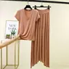 T-shirt Casual de Manga Curta com Decote V e Cordão na Cintura Alta com Saia Longa, Novo Estilo de Verão, Tamanho Plus