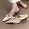 Pantuflas de Estilo Francés con Lazo y Punta Cerrada 2025 Verano Nuevos Dulces y Elegantes de Satén con Punta Aguda Tacones de Aguja