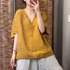 Disponible en varios colores estilo coreano manga raglán algodón y lino color liso cuello en V manga murciélago manga corta top verano nuevo versátil camiseta