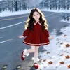 Vestido de Terciopelo Rojo con Cuello de Muñeca para Niña con Forro Polar, Vestido de Princesa Hecho a Mano con Pedrería Invierno 2025, Vestido de Navidad