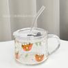 Taza de Leche con Tapa Taza con Tubo de Succión para Hogar Calentable Linda Taza Estampada con Cuchara Taza para Desayuno INS Taza para Avena Estilo Ins