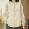 Camisa de Manga Comprida 2026 Outono Nova Emagrecedora Elegante Top Solto Redutor de Idade Costura Contrastante Casual Cool Bonita Moda Camisa
