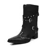 Botas Martin con Remaches para Mujer, Botas de Motociclista, Piel de Vaca, Nuevo Estilo Otoño/Invierno, Punta Cuadrada, Tacón Medio Grueso, Botas de Media Pantorrilla con Hebilla, Botas Casuales para Mujer