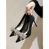 Tacones Altos Franceses para Mujer 2025 Primavera Nuevo Estilo Lazo de Pedrería Cristal Negro Elegante Zapatos de Tacón de Aguja para Mujer