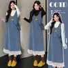 Ropa de maternidad para otoño e invierno: suéter nuevo + vestido chaleco de retazos de encaje de lana con bucles conjunto de maternidad con bolsa
