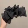 Presilha de Cabelo Preta com Laço para Mulheres, Grampo de Cabelo de Cetim de Luxo de Alta Qualidade, Presilha Grande para a Parte de Trás da Cabeça, Acessório de Cabelo