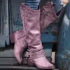 Estilo Nuevo Invierno 2025 Transfronterizo 40-43 Talla Grande Botas de Caballero de Caña Alta Zapatos de Mujer Tacón Grueso Quemado Botas de Moda
