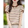 Camiseta de Punto con Rayas Bordadas y Cuello de Solapa de Manga Corta para Mujer 2024 Nuevo Estilo Holgada con Cuello Polo Blusa