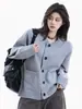 Cárdigan de Punto Gris Otoño con Cuello Redondo para Mujer, Nuevo Estilo Primavera y Otoño, Suéter Chaqueta Holgado Casual Estilo Perezoso, Top Corto