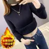 Suéter de forro polar para mujer con cuello medio alto, nuevo estilo otoño/invierno 2024, corte ajustado, engrosado, top elegante, camiseta básica