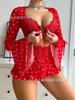 Europeu e Americano Transparente Sexy Feminino Vermelho Coração de Amor Roupa Íntima Sexy Conjunto de Três Peças com Sutiã e Saia Venda Direta da Fábrica