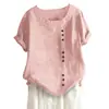 Camiseta Casual de Algodón y Lino para Mujer, Manga Corta, Cuello Redondo, Botones, Estilo Europeo y Americano, para Vacaciones y Calle, 2024