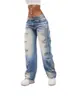 Jeans largos rasgados estilo americano Y2K para mulheres, lavagem degradê, bainha desfiada, calças compridas de corte reto, duas cores, atacado para moda feminina transfronteiriça