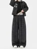 Pantalones casuales de cuadros estilo retro americano con diseño de doble pretina, corte holgado, perneras anchas y silueta hasta el suelo, con cintura de cordón