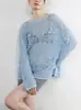 Blusa de punto holgada tipo sirena de algodón de pelo fino grado Qing, transpirable, ultra ligera, tejida hueca
