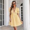 Vestido xadrez francês retrô profundo decote em V manga bufante Vestido evasê verão novo estação independente europeu e americano vestido feminino transfronteiriço