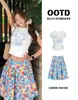 Conjunto de Saia Floral com Manga Curta para Mulheres 2026 Verão Roupas de Praia Conjunto Completo Ootd Estilo Coreano Saia Roupas Femininas