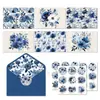 Hk100 Cartão de Cumprimentos Floral Azul para Adultos e Crianças, Envelope, Flores em Aquarela, Cartão de Presente, Adesivos