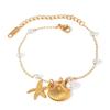 Amazon Tornozeleira Elegante de Moda Feminina com Pingente de Concha Estrela do Mar e Contas de Pérola em Aço Inoxidável