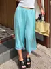 Pantalones cortos sueltos casuales de cintura elástica, Pantalones de pierna ancha con ribete de encaje retro francés, Pantalones de satén con caída estilo europeo y americano