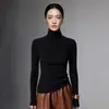Camiseta base de una sola pieza sin costuras de cuello alto para mujer, sin costuras, suave y amigable con la piel, adecuada para usar en capas en otoño e invierno, tejida