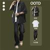 Calças de Manga Curta para Estudante Universitário, Camisas e Jeans Masculinos de Verão Frescos e Bonitos, Conjunto Casual de Três Peças, Roupa Estilo Jovem de Hong Kong
