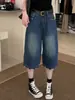 Jeans Wide Leg Azul Retrô Estilo Coreano Sete Pontos para Mulheres 2026 Verão Fino Tamanho Grande Cintura Alta Emagrecedor Tendência Calça Reta