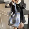 Bolsa de Lona Listrada 2024 Novo Estilo Coreano Ins Tote Casual Bolsa de Ombro Grande Capacidade Bolsa Tote Sacola de Compras