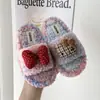Pantufas de Pelúcia Color Block Xadrez para Meninas, Quentes para Outono e Inverno, Laço de Desenho Animado, Antiderrapante, Pantufas de Algodão para Casa, Tricotadas