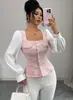Blusa elegante de dama com mangas bufantes patchwork estilo Chanel, gola quadrada, nas cores rosa e branco, transfronteiriça europeia e americana 2026