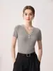 Simples e elegante~Suéter feminino de gola V de manga curta 100% caxemira pura botões malha canelada macia slim fit
