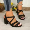 Sandalias nuevas de tira con hebilla 2026, color liso, tacón grueso para mujer, sandalias romanas de punta abierta, calidad de exportación, sandalias de tacón alto talla grande