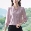 Camiseta de Cetim Feminina Chegada Nova da Primavera Top Roupa com Manga de Sete Seções Gola V Estilo Francês Camisa para Cobrir a Barriga da Mãe